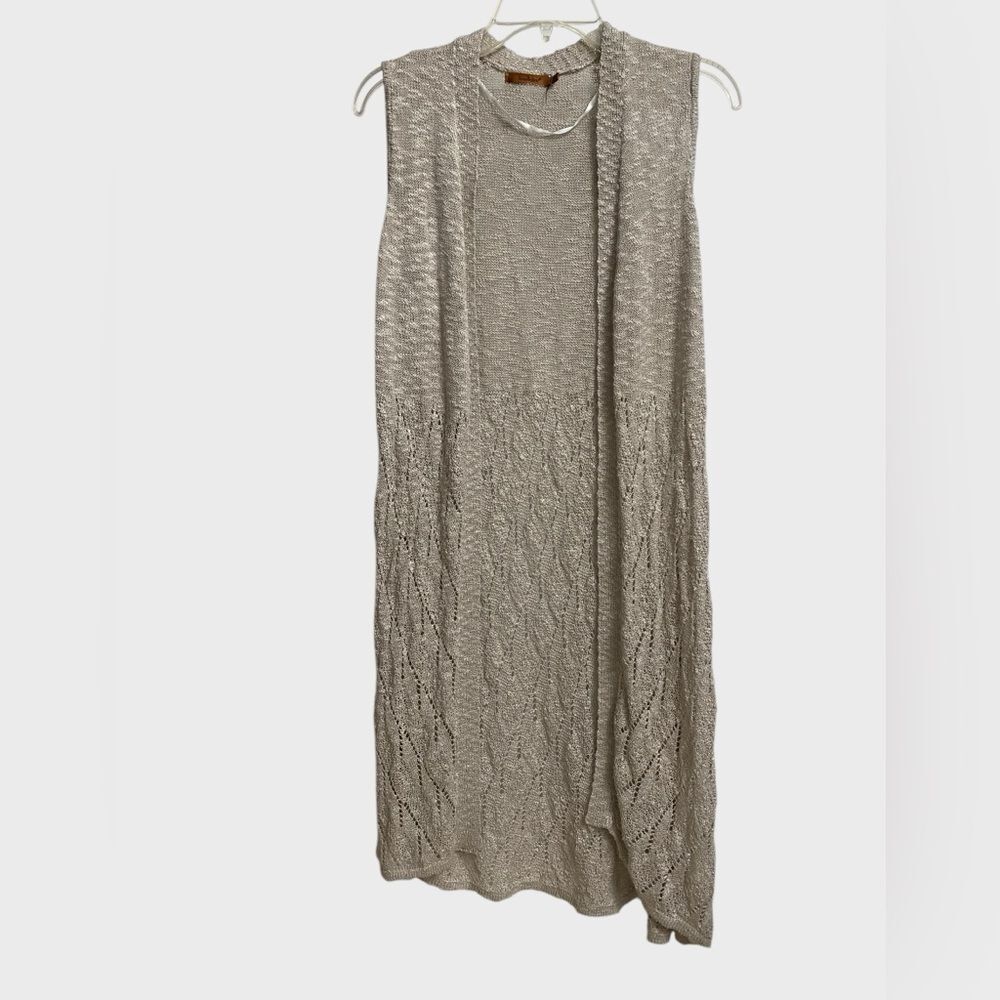 Belldini Sleeveless Duster Cardigan Women's L Beige Asymmetrical Hem Boho Beach